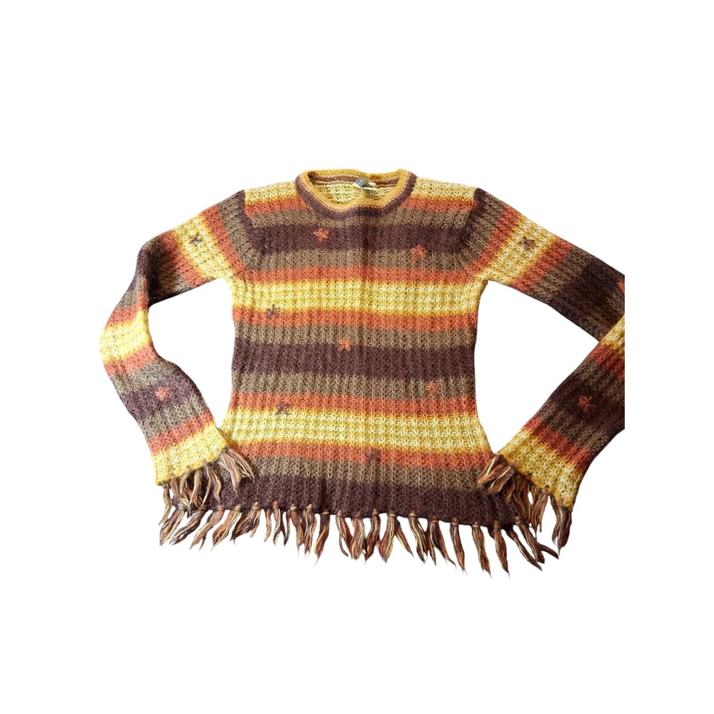 Twiggy Mohair Blend Striped Fringe Sweater Brown Orange Yellow Women Small